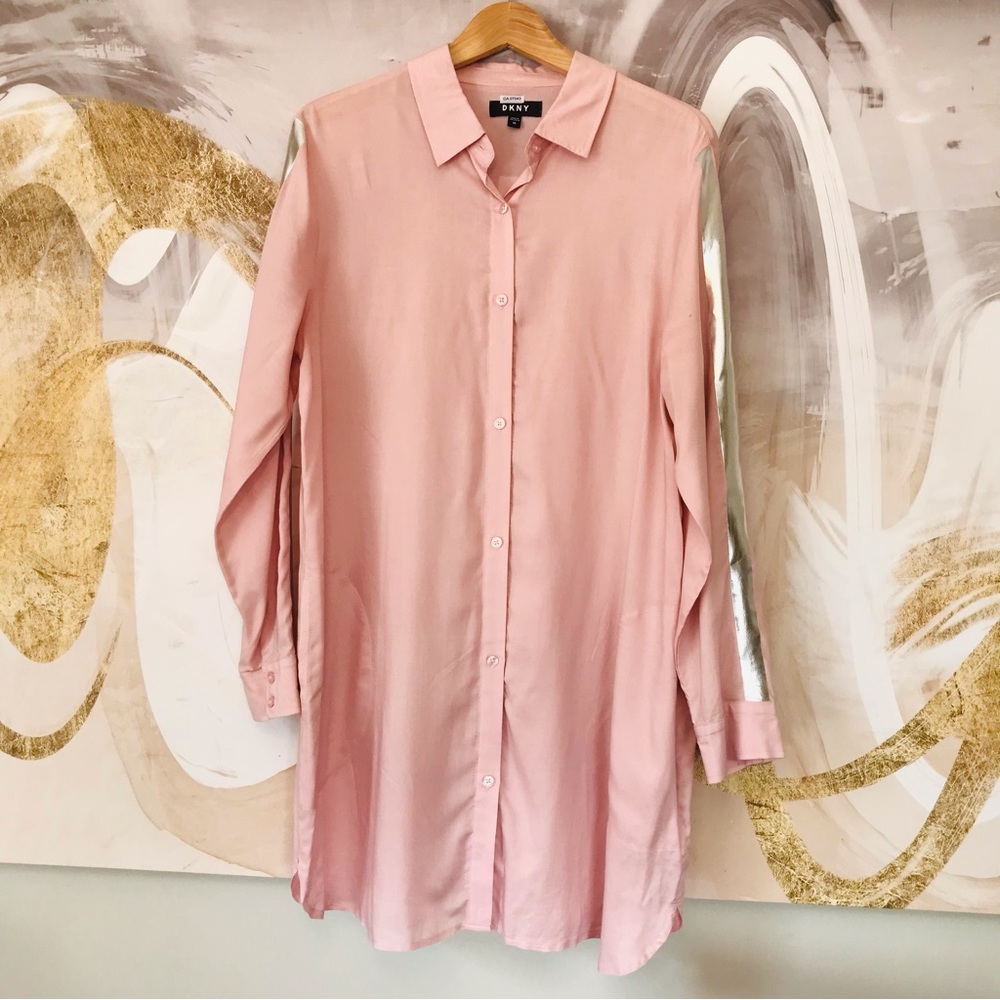 DKNY | Button Down Long Sleeve Pink Shirt Dress w/ Silver Accents & Pockets